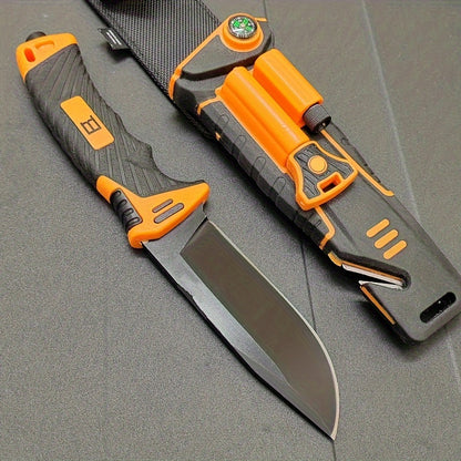Fixed Blade Outdoor Camping Knife 9.64 Inch Stainless Steel, Survival Hunting Knife with Flint Fire Starter Night Light Sharpener Safety Sheath, Non-Slip Ambidextrous Handle for Hiking Mountaineering Adventure