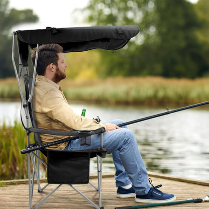 Folding Camping Chair with Sunshade Canopy, Heavy Duty Portable Outdoor Chair with Armrests Cup Holder & Carry Bag for Beach Fishing Picnic Sports