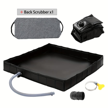 Foldable Shower Base 41"x41" Portable Shower Pan with Drain Pipe – Collapsible Shower Basin for Camping Tent, Indoor & Outdoor Use, Black – Includes Back Scrubber