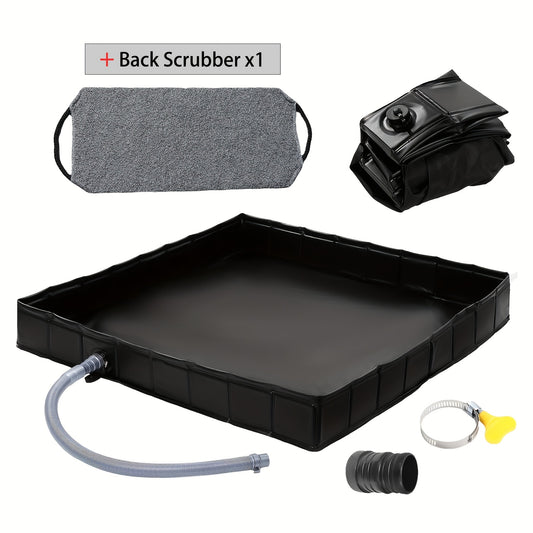 Foldable Shower Base 41"x41" Portable Shower Pan with Drain Pipe – Collapsible Shower Basin for Camping Tent, Indoor & Outdoor Use, Black – Includes Back Scrubber