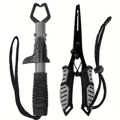 Fishing Pliers Fish Gripper Combo Set 2pcs Stainless Steel Hook Remover Line Cutter with TPR Non-Slip Handle Spring-Loaded Lock for Freshwater Saltwater Bass Trout Pike Catch and Release
