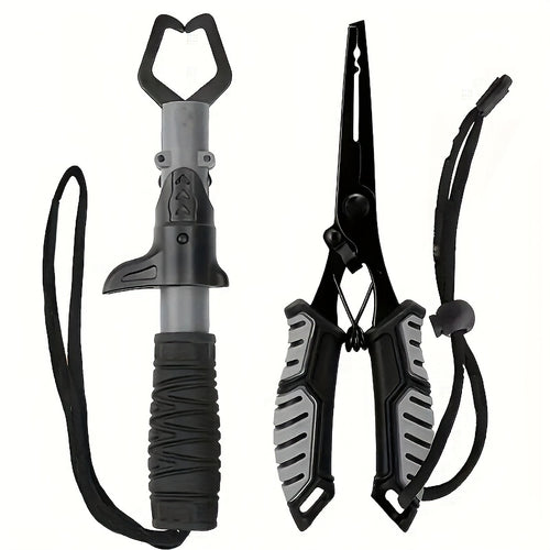 Fishing Pliers Fish Gripper Combo Set 2pcs Stainless Steel Hook Remover Line Cutter with TPR Non-Slip Handle Spring-Loaded Lock for Freshwater Saltwater Bass Trout Pike Catch and Release