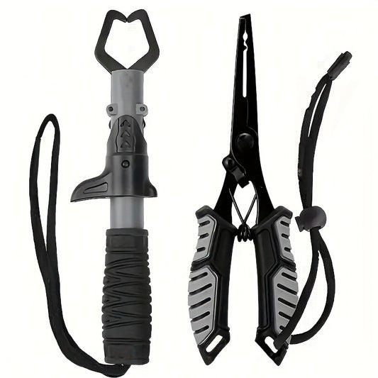 Fishing Pliers Fish Gripper Combo Set 2pcs Stainless Steel Hook Remover Line Cutter with TPR Non-Slip Handle Spring-Loaded Lock for Freshwater Saltwater Bass Trout Pike Catch and Release