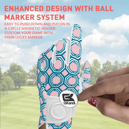 Women's Golf Gloves Left Hand with Ball Marker – All-Weather Grip Leather Golf Glove for Ladies Right-Handed Golfers, Colorful Design, Sizes S M L – Pink & Blue