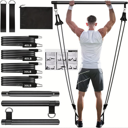 Resistance Band Pilates Bar Kit 8-Piece – 150LB Bands, Ankle Straps & Drawstring Bag, Portable Home Gym Fitness Set for Full Body Workout for Men & Women