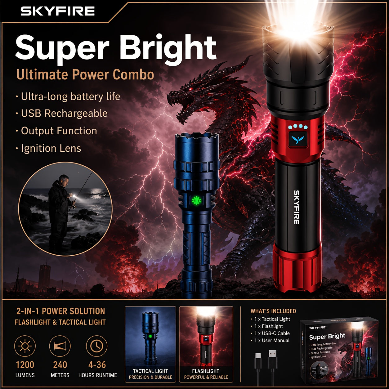 High Lumen LED Flashlight Zoomable 4 Modes Rechargeable Cycling Light for Camping Outdoor Household Use