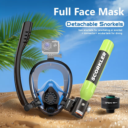 Mini Scuba Tank & Full Face Snorkel Mask Set with Hand Pump - 0.5L 6061 Aluminum Diving Tank, 180° Wide View Anti-Fog Mask, 200 Bar Capacity, 35 Breaths Underwater, for Snorkeling Exploration Diving Beginners