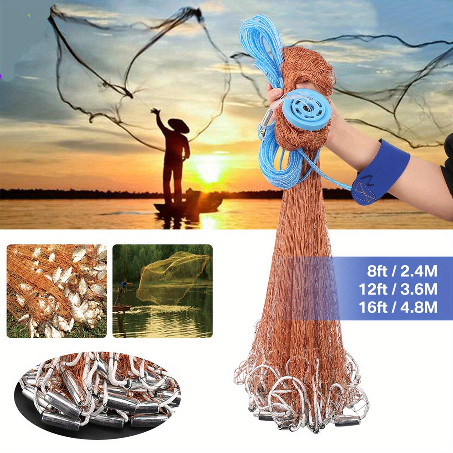 Saltwater Casting Net Set with Fish Basket – 12-Foot Diameter, 0.12" Mesh, Heavy-Duty Zinc-Plated Lead Sinkers for Rapid Sinking – American-Style Fishing Net Ideal for Pier, Beach & Surf Fishing