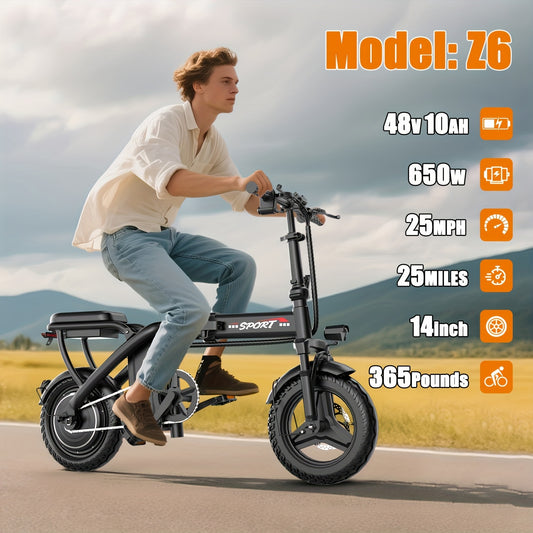 Commuter Electric Bike 14 Inch Folding E-Bike 650W Peak Motor 48V 10Ah Battery 25MPH 25-Mile Range Lightweight Mini Electric Bicycle for Adults