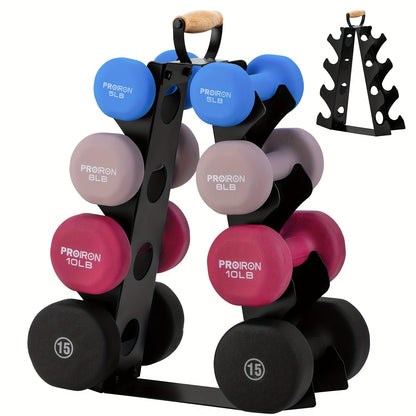 Weight Rack Stand 4-Tier A-Frame with Wooden Handle – Space-Saving Dumbbell Storage for Home Gym, Holds 5–15LB Hex & Rubber Dumbbells, Easy Assembly