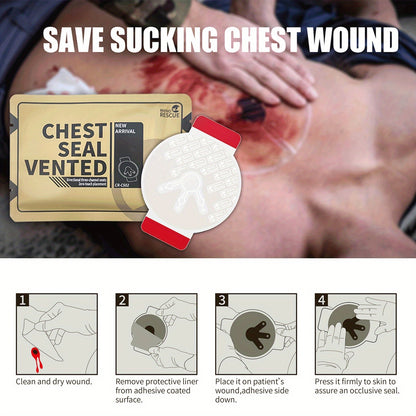Non-Vented Chest Seal Emergency Trauma Dressing for Sucking Chest Wounds, Portable IFAK Medical Supply PA Nylon FSA HSA Eligible, Pack of 2 or 6 Tactical First Aid Chest Seal