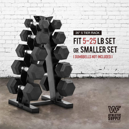 Dumbbell Rack A-Frame 5-Tier Heavy Duty Weight Storage Stand – Space-Saving Vertical Dumbbell Holder for Home Gym, Holds 5-25LB Hex & Rubber Dumbbells
