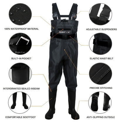 Waterproof Chest Waders for Men – Bootfoot PVC Fishing Suit with H-Back Suspenders, Anti-Slip Rubber Boots | Sizes 7.5–13 | Ice Fishing, Fly Fishing, Saltwater & Hunting