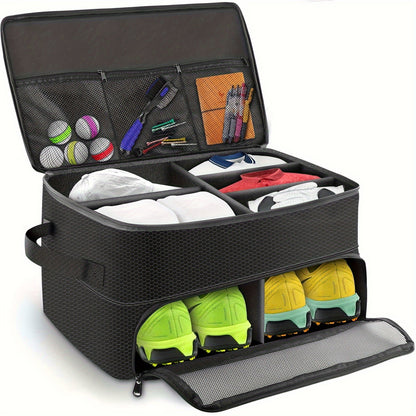 Golf Organizer Storage Box with Compartments and Mesh Pockets Durable Golf Accessory Case for Golf Balls Shoes Gloves Tees and Essentials