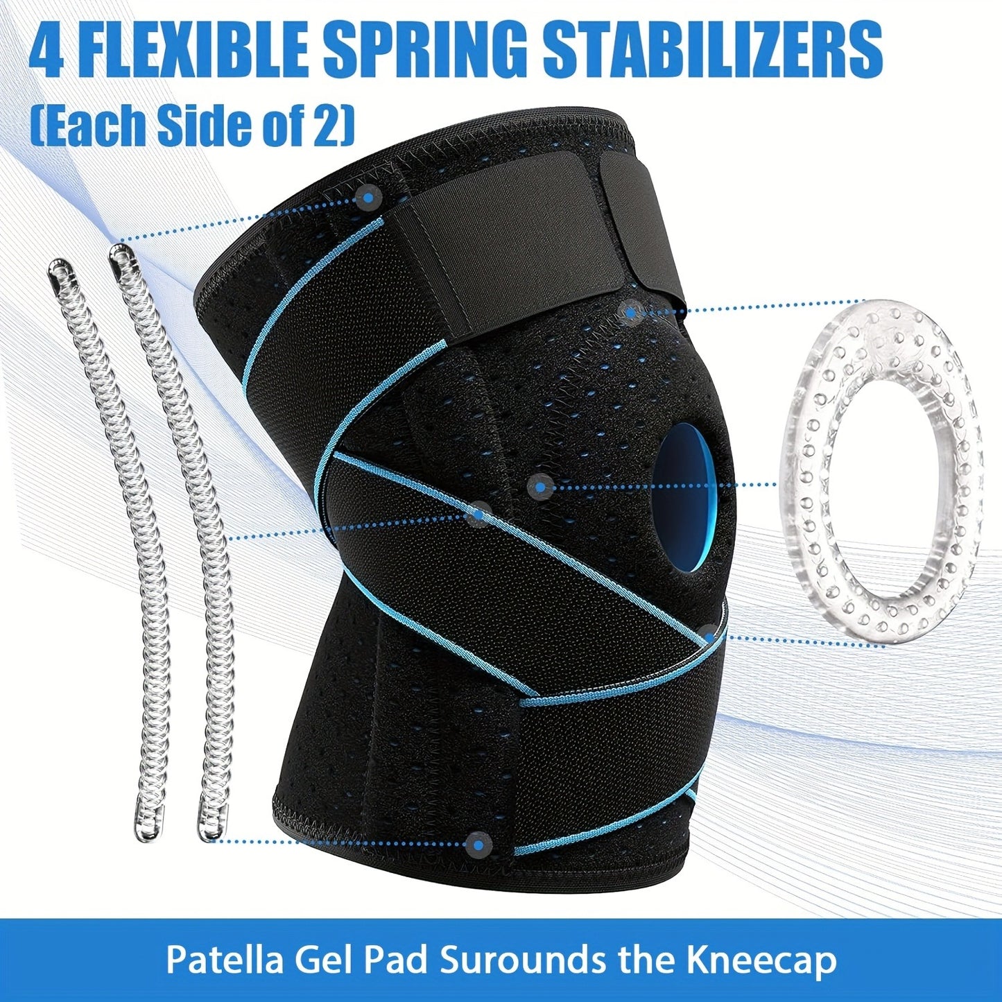 Knee Brace with Patella Gel Pad & Side Spring Stabilizers – Adjustable Compression Knee Support Wrap for Sports Running Workouts Camping, Breathable Knee Joint Stabilizer for Women Men, Blue & Black