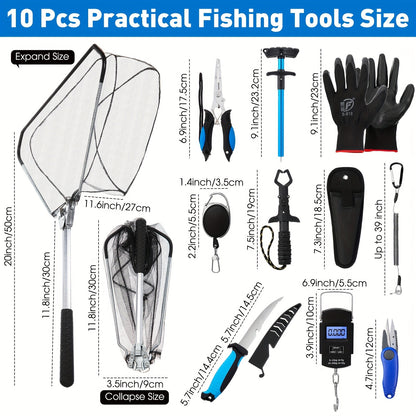 Fishing Tool Kit 10-Piece – Fishing Pliers with Lanyard & Sheath, Landing Net, Fillet Knife, Fish Scale, Gripper, Hook Remover, Braid Scissors & Gloves, Complete Angler Gift Set (Blue)