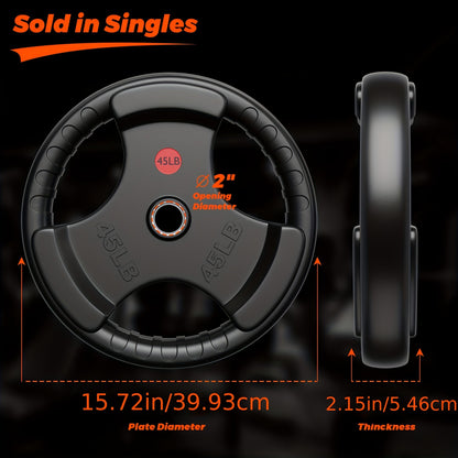Rubber Bumper Weight Plates 2 Inch – Solid Iron Core, Ergonomic Grip, 25/35/45 lbs – Barbell Plates for Strength Training, Weightlifting & Home Gym