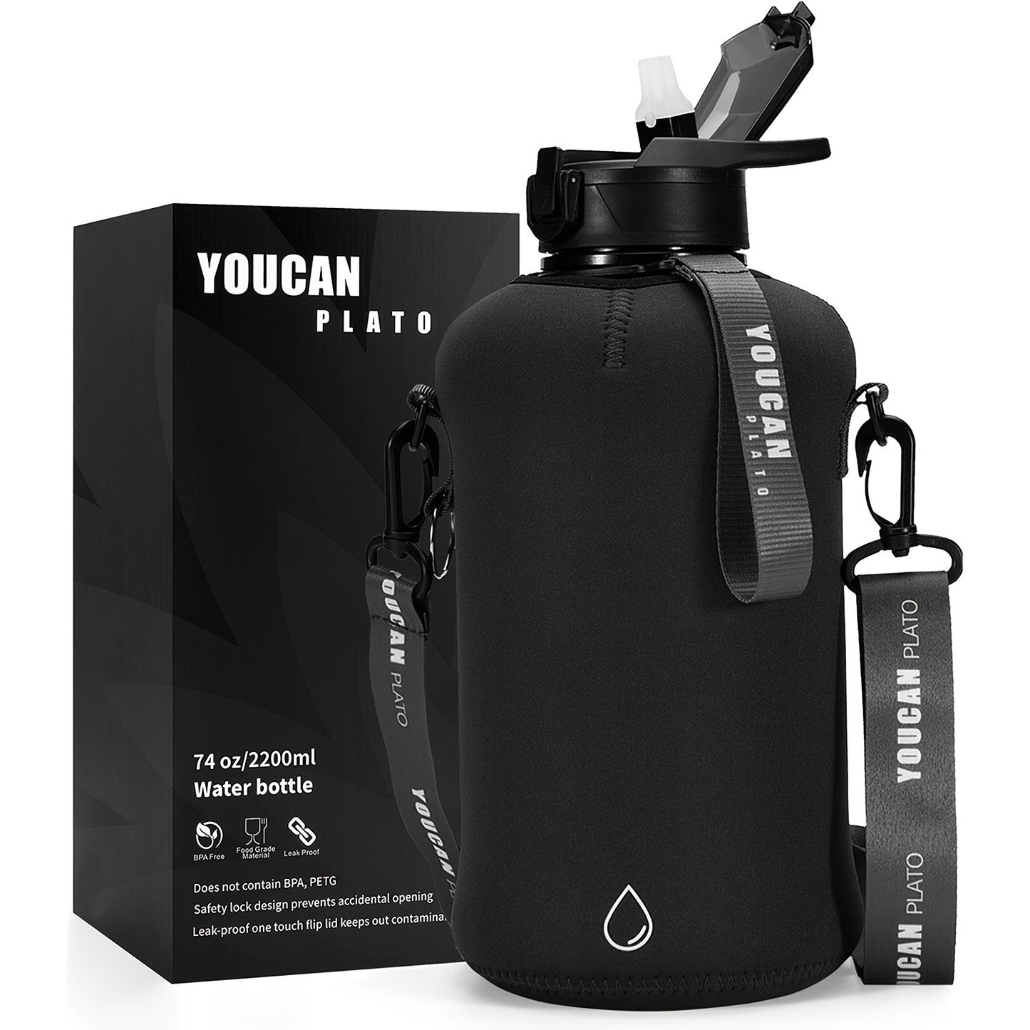 Half Gallon Water Bottle 74oz with Insulated Sleeve, Straw & Time Marker – BPA Free Leakproof Large Sports Jug with Carrying Handle & Strap for Gym, Fitness & Outdoor