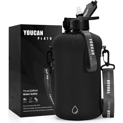 Half Gallon Water Bottle 74oz with Insulated Sleeve, Straw & Time Marker – BPA Free Leakproof Large Sports Jug with Carrying Handle & Strap for Gym, Fitness & Outdoor