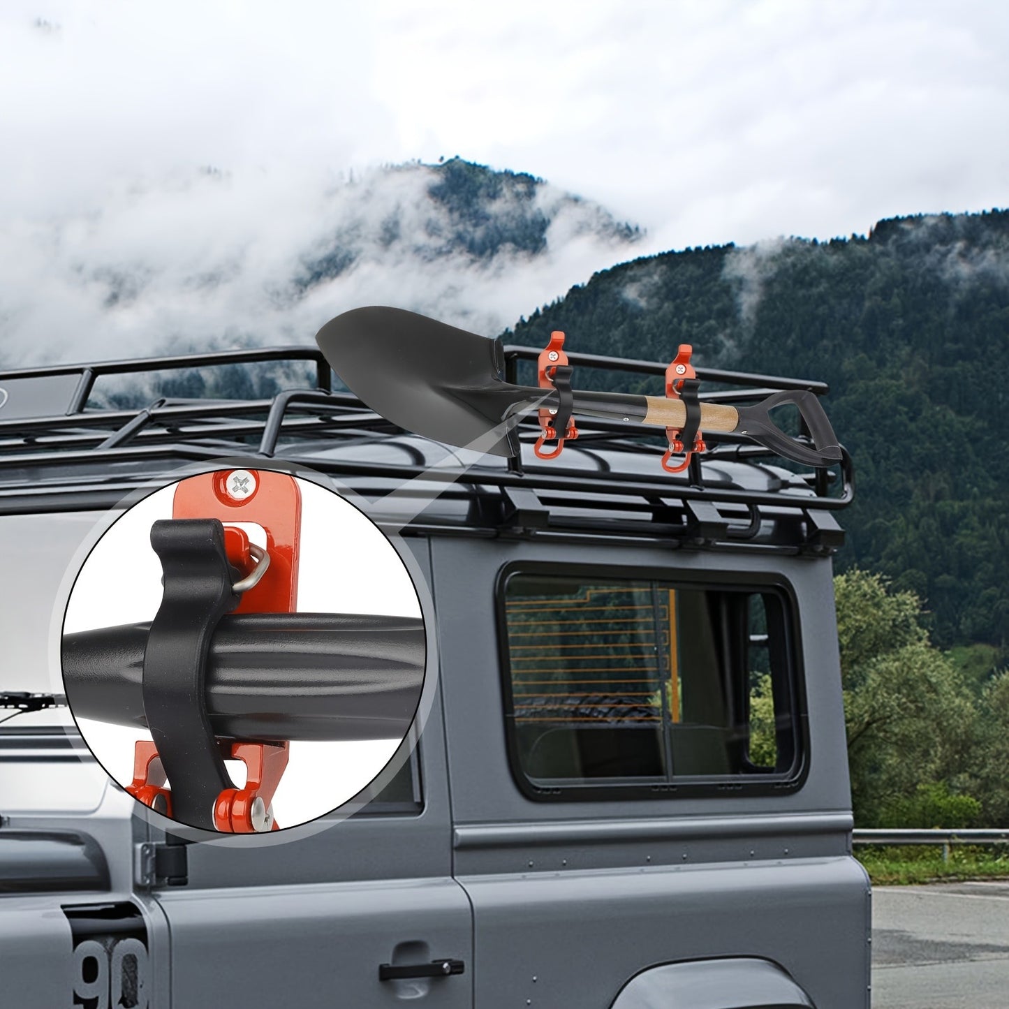 Roof Rack Shovel Mount 2-Pack – Metal Clamp Bracket Kit with Rubber Clamps, Quick Release Axe Holder for Roof Rack, Truck Bed, Boat, RV & Trailer, Fits Shovels, Axes & Long Handle Tools