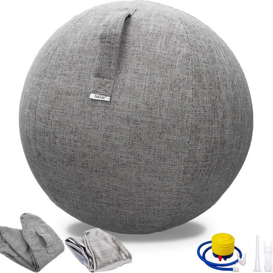 Exercise Ball Chair 65cm with Fabric Cover – Stability Balance Ball Seat for Home Office Desk, Yoga Pilates Birthing Ball, Relieves Back Pain & Improves Posture, Grey & Black, Anti-Burst Design