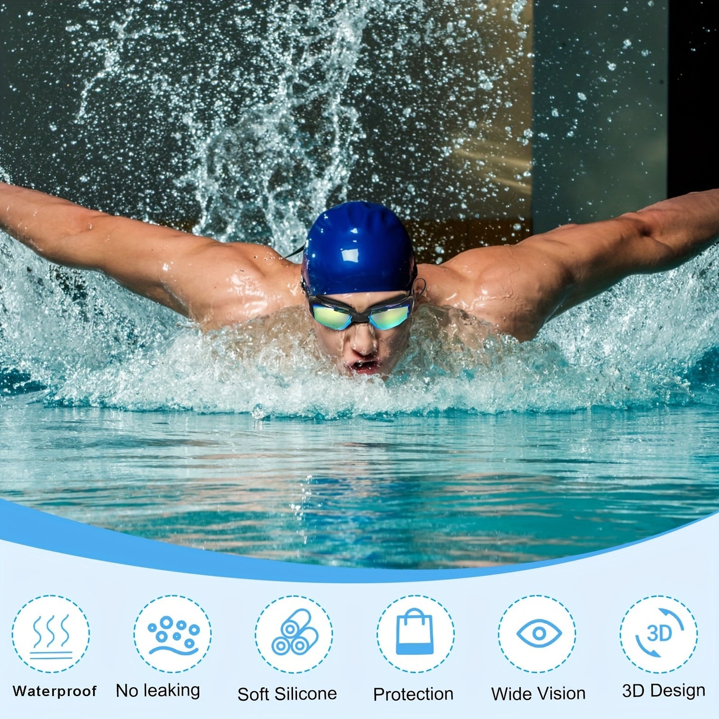 Swim Goggles Set 6pcs – Iridescent Coated PC Lens, UV Protection, Waterproof PU Swim Cap, Nose Clip, Earplugs, Case & Storage Bag for Adult Racing Swimming