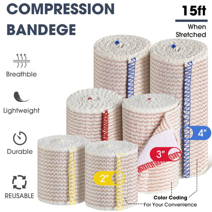 48pcs Elastic Compression Bandage Wrap Set – 2", 3" & 4" Reusable Self-Closure Stretch Bandage Rolls for Sports, Sprains, Swelling & Injury Recovery, Washable & Breathable Athletic Wrap