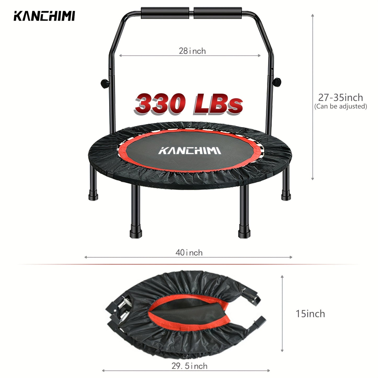 Mini Trampoline Rebounder 40" for Adults 330LB Capacity with Balance Bar Indoor Outdoor Fitness Cardio Exercise Trampoline