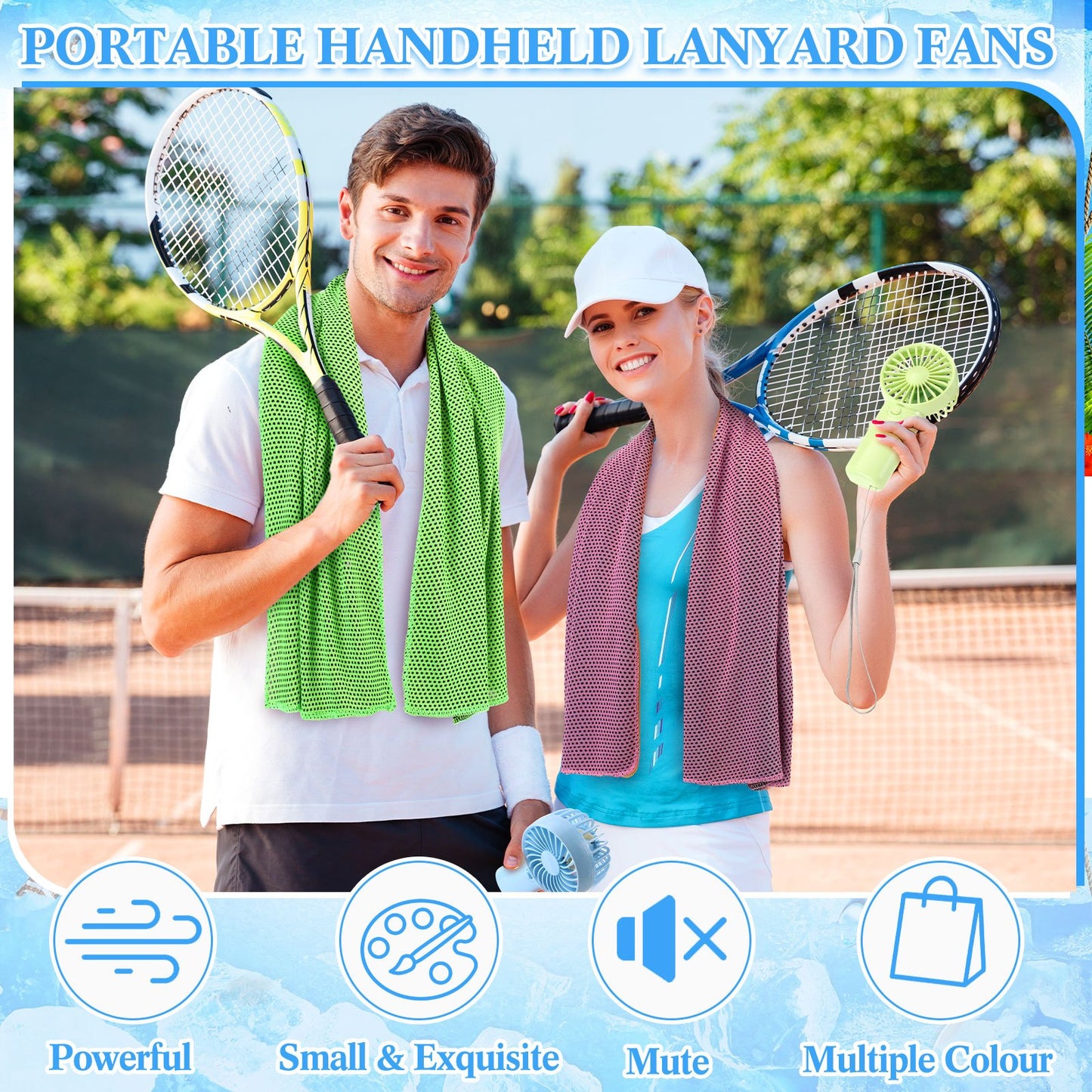 Portable Cooling Towel & Handheld Fan Set 24-Pack – Mini Ice Towels with Fans for Sports, Gym, Yoga, Travel & Camping, Multicolor Reusable Chilling Cloth & Fan Combo, Summer Heat Relief Kit