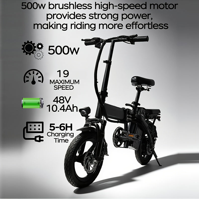 Folding Electric Bicycle 14 Inch E-Bike 48V Lithium Battery 19MPH 18-28 Mile Range 330LB Capacity Disc Brake Front Headlight for City Commuting