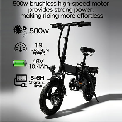 Folding Electric Bicycle 14 Inch E-Bike 48V Lithium Battery 19MPH 18-28 Mile Range 330LB Capacity Disc Brake Front Headlight for City Commuting