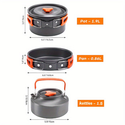 Camping Cookware Set for 2-3 People, Portable Aluminum Outdoor Cooking Kit with Pot, Frying Pan, Kettle & Cutlery, Lightweight Foldable Camp Kitchen Gear for Hiking, Backpacking & Travel