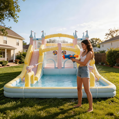Inflatable Bounce House with Slide, Climbing Wall, Water Pool & Basketball Hoop – Large Outdoor Backyard Bouncer for Kids & Teens | 4 Sizes 10×7.8FT to 15×14.4FT | Wet or Dry Use | Macaron Colors