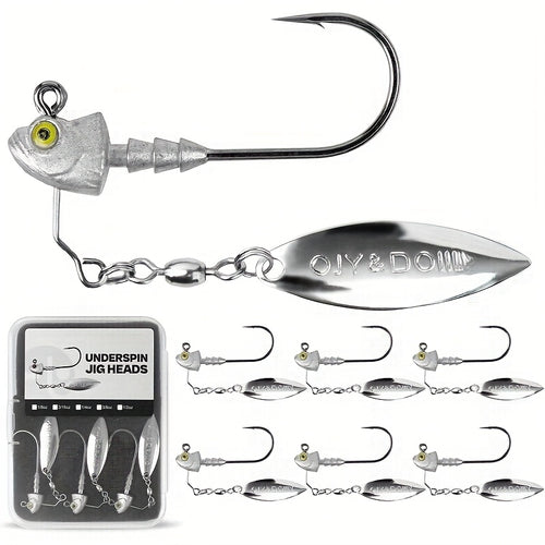 Underspin Jig Heads 6-Pack with 100% Brass Blade – Never Rust Rotating Spinner Jig for Bass & Saltwater Fishing – 3/16oz, 1/4oz, 3/8oz, 1/2oz – Flash & Vibration Swimbait Head