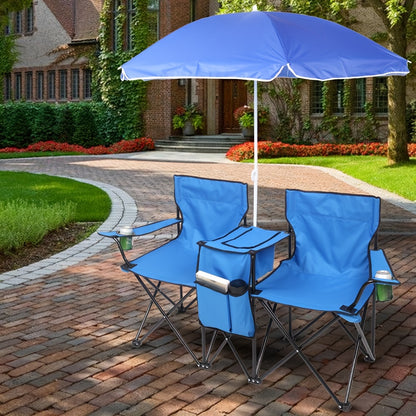 Folding Fishing Chair with Sun Umbrella – 2-Seat Portable Outdoor Chair, Iron Alloy Frame & Oxford Fabric, Built-In Storage Bag & Carry Bag, for Beach, Patio, Camping & Sunbathing, 4 Colors