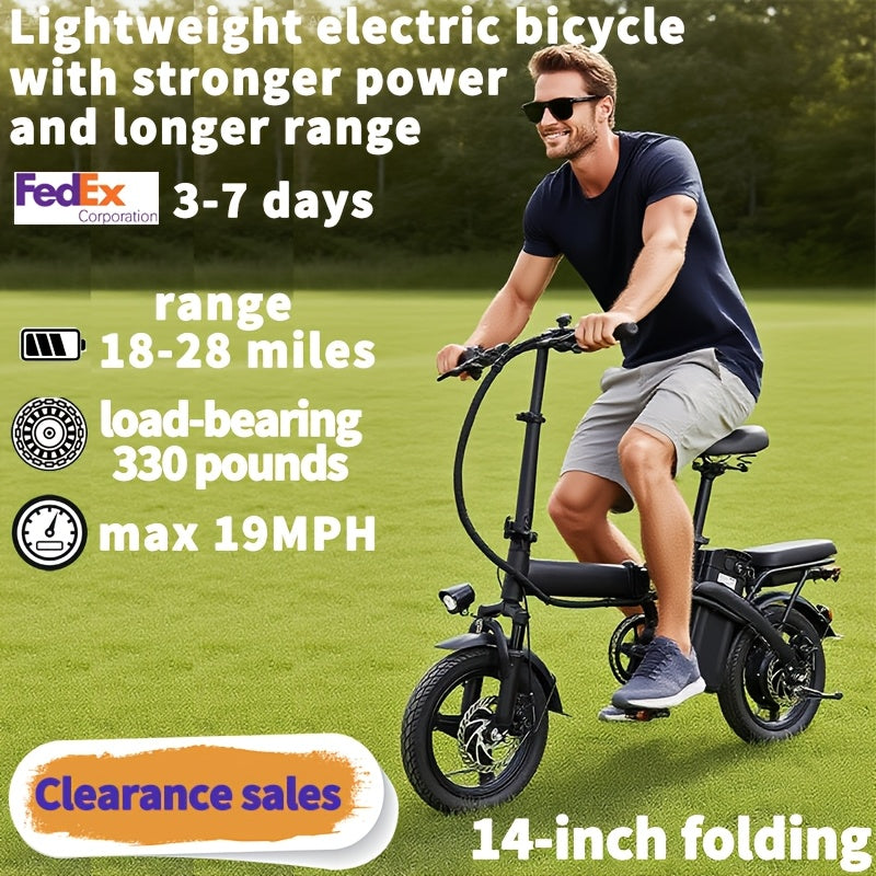Folding Electric Bicycle 14 Inch E-Bike 48V Lithium Battery 19MPH 18-28 Mile Range 330LB Capacity Disc Brake Front Headlight for City Commuting