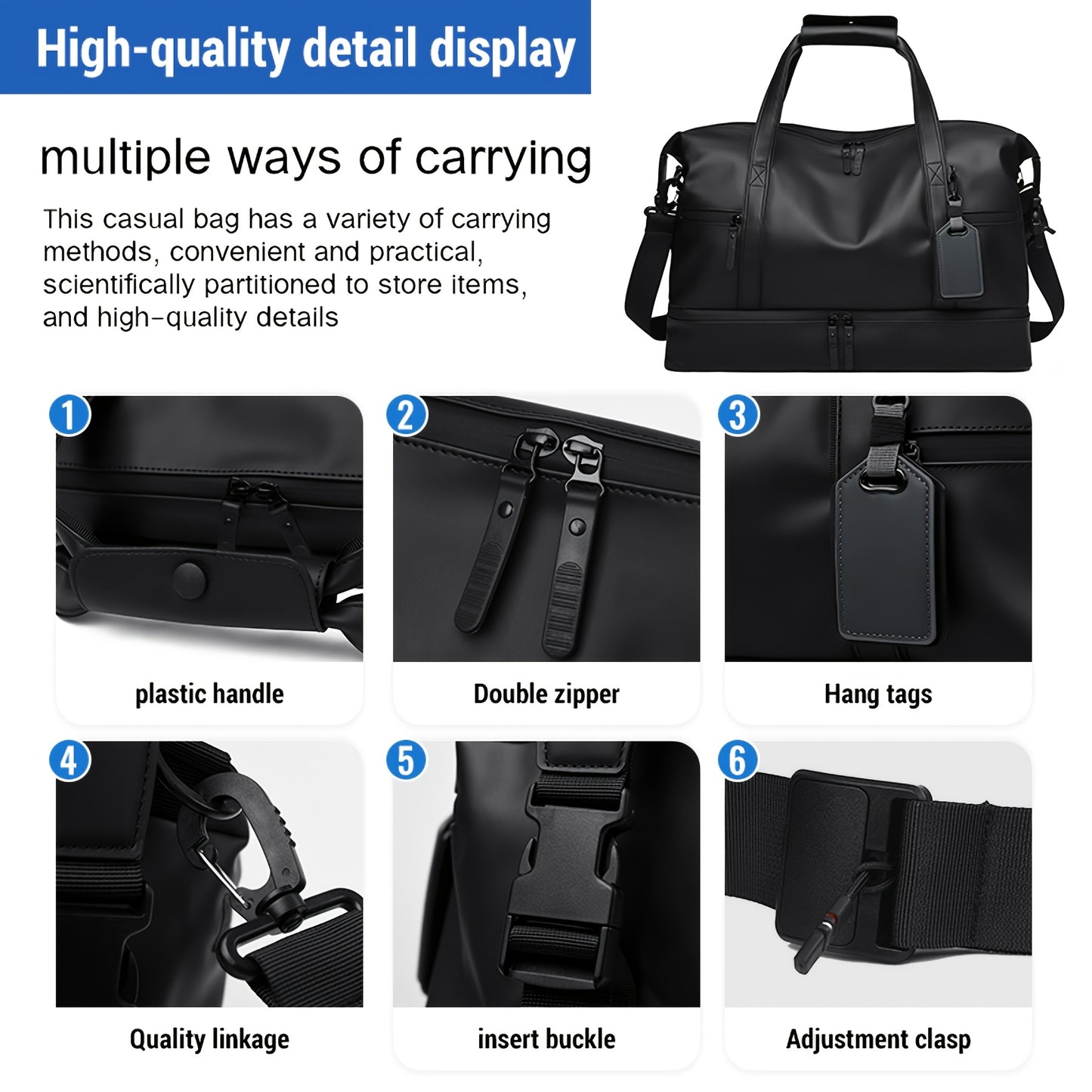 Gym Duffel Bag with Wet Pocket & Shoe Compartment - Foldable PU Leather Sports Travel Bag for Workouts, Weekend Trips & Everyday Use, Lightweight Carry-On Luggage Bag for Men Women (Black/Blue/Grey)
