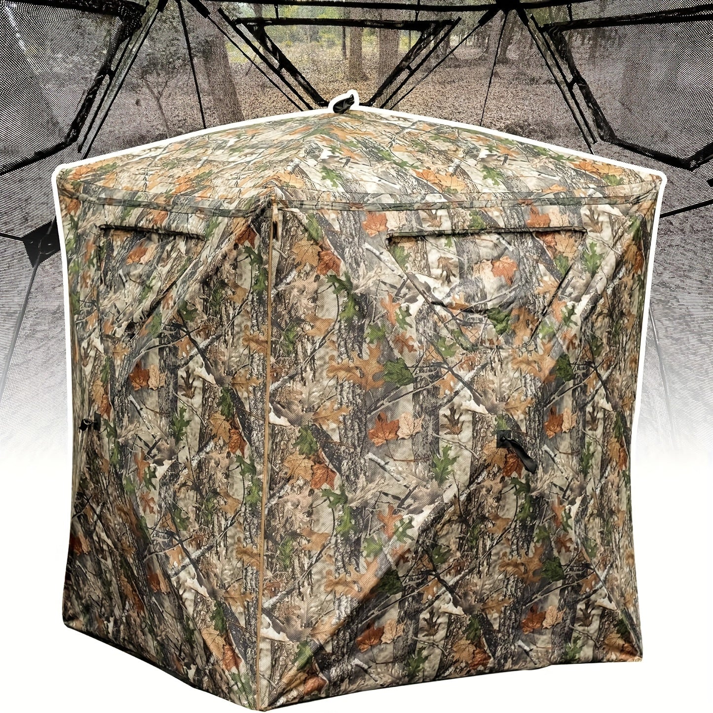 Pop-Up Hunting Blind 270 Degree See-Through for 2-3 Person, Camouflage Ground Blind with Carrying Case for Deer Turkey Hunting, Quick Setup Polyester Hunting Shelter Tree Trunk Fallen Leaves Camo