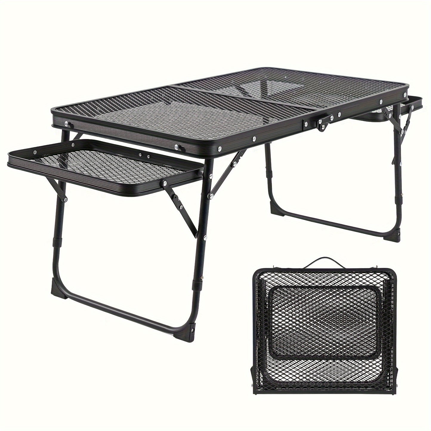 Portable Folding Camping Table with 2 Wingboards & Mesh Top – Height Adjustable Outdoor Grill Side Table for Picnic Barbecue Beach Backpacking, Lightweight Compact Folding Table with Carry Bag
