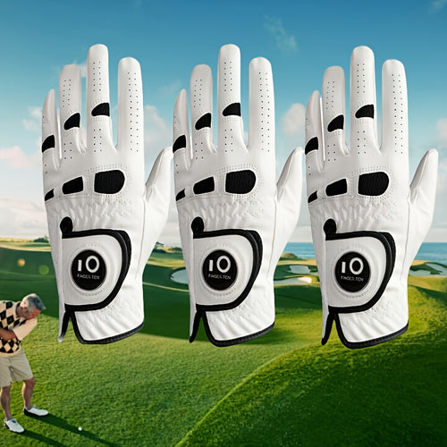 Men's Golf Glove Left Hand 3 Pack with Ball Marker – WeatherSof Soft Grip Cabretta-Style Golf Gloves for Men, Buckle Closure, All-Weather Performance, Sizes S to XXL (White)