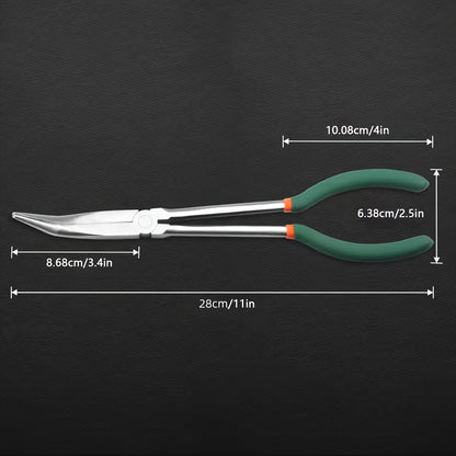 Long Nose Fishing Pliers 11 Inch 45-Degree Angle Bent Tip – O-Ring Hook Remover Needle Nose Pliers for Saltwater Freshwater Fishing, Non-Slip Handle, Lightweight Angler Tool, Orange & Green