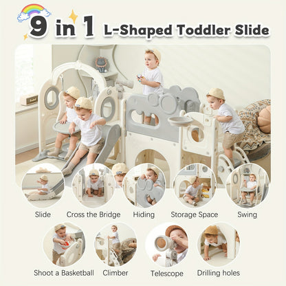 9-in-1 Foldable Toddler Slide with Basketball Hoop Telescope Climbing Set Indoor Outdoor Kids Playset Extended Slide for Toddlers Boys Girls