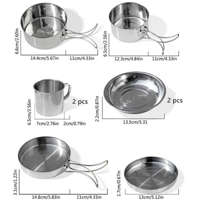 Camping Tableware Set 8 Piece Stainless Steel – Portable Outdoor Dining Set with Foldable Handle Plates, Cups & Utensils | Lightweight Camping Cookware for 2-3 People, Picnic, BBQ & Hiking