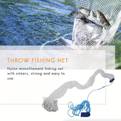 Throw Cast Net 8FT 10FT Transparent Thread Nylon Mesh 3/8in, Galvanized Zinc Sinkers 26ft PE Braid Hand Line No-Ring Design for Shrimp Bait Trapping Pond River Saltwater Fishing