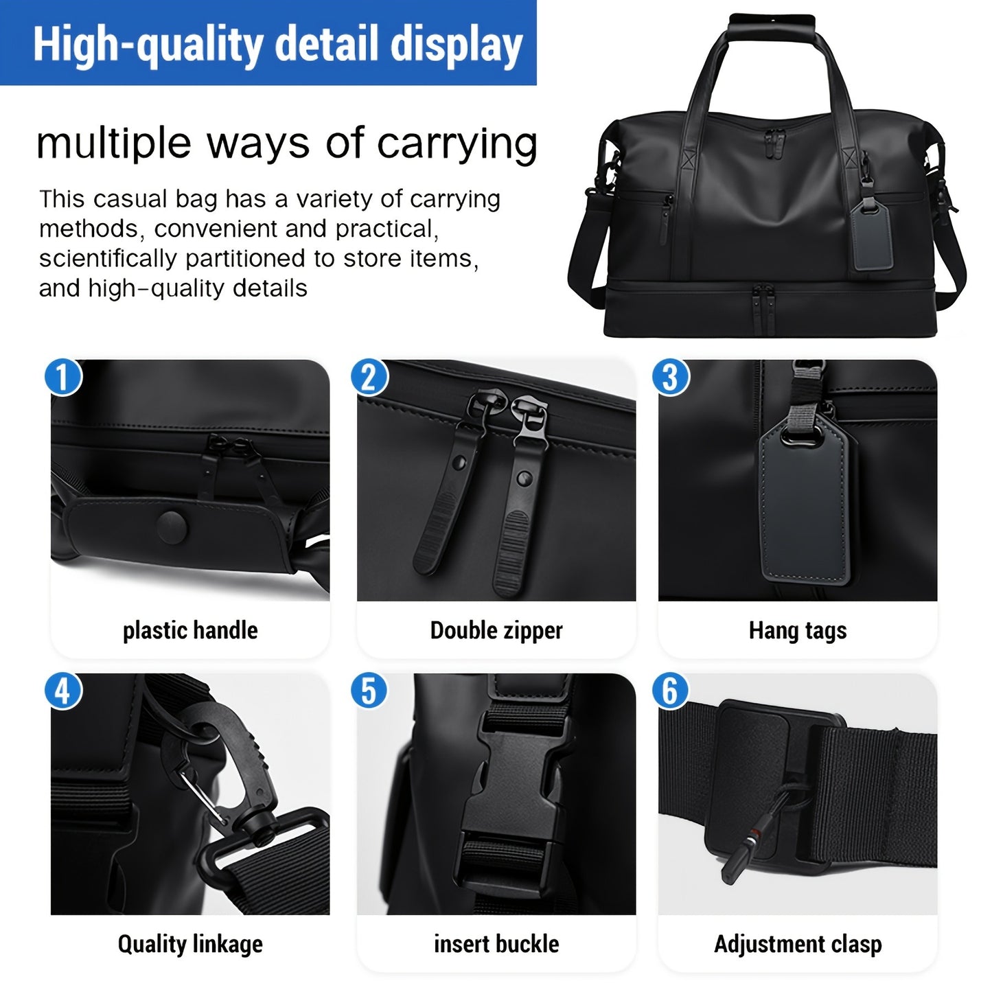 Gym Duffel Bag PU Foldable Sports Duffle with Shoe Compartment & Wet Pocket – Lightweight Weekender Travel Bag for Workout, Daily Use, Carry-On & Overnight Trips, Available in Black, Blue & Gray