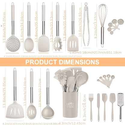 Silicone Kitchen Utensils Set 25pcs Nonstick Cooking Utensils with Stainless Steel Handle Food-Grade Silicone Spatulas Spoons Tongs Complete Kitchen Tool Set for Indoor Outdoor Cooking Grey Black Coffee