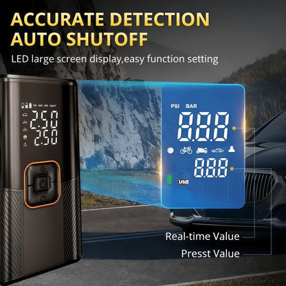 Portable Wireless Tire Inflator Air Compressor Digital Display Fast Pump Lithium Battery for Car Motorcycle Bike Emergency Inflation with Nozzle Adapters