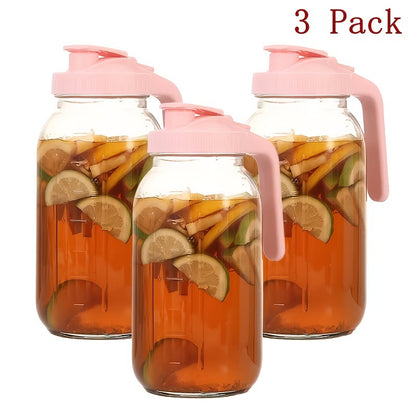 64oz Glass Pitcher with Handle – Leak-Proof Wide Mouth Mason Jar Water Jug, Pour Spout Lid, 2 Quart Portable Canteen for Camping, BBQ, Fridge & Outdoor Entertaining (2-Pack / 3-Pack)