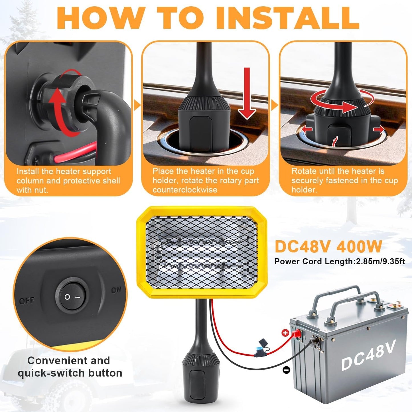 400W Electric Golf Cart Heater Carbon Fiber Fast Heating 360° Adjustable Angle Battery Powered Portable Heater with Cup Holder Adapter Compatible with 48V Golf Cart Systems Golf Cart Accessories