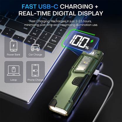 EDC Tactical Flashlight Set 2-Pack - Flat LED Torch + Mini Backup Light, 8 Modes LCD Display, USB-C Rechargeable, Aluminum Body with Back Clip for Camping, Survival & Gift